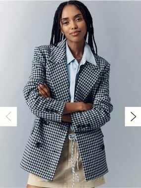 NWT Avec Les Filles Double-Breasted Knit Navy/White Plaid Blazer